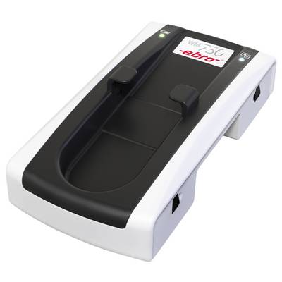A white and black charger with two slots and LED indicators, branded 'ebro' for temperature measuring devices.