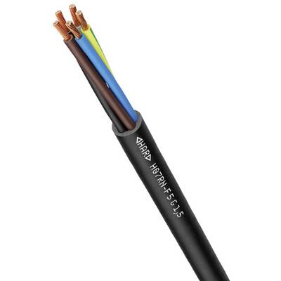 Cross-section of an electricity cable with five copper wires, colour-coded: brown, blue, yellow-green, black and grey, encased in a black plastic sheath.