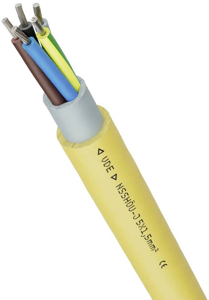 Yellow electrical cable insulation with exposed conductors in various colours. Labelled 'VDE NSSHOU-J 5x1.5mm² CE'.
