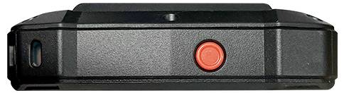 Black device with a red button in the centre, rectangular in shape, positioned horizontally.