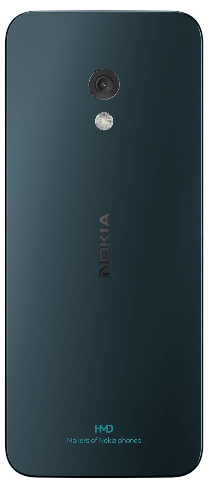 The rear of a dark green smartphone with a single camera and flash. The Nokia logo is centrally positioned.