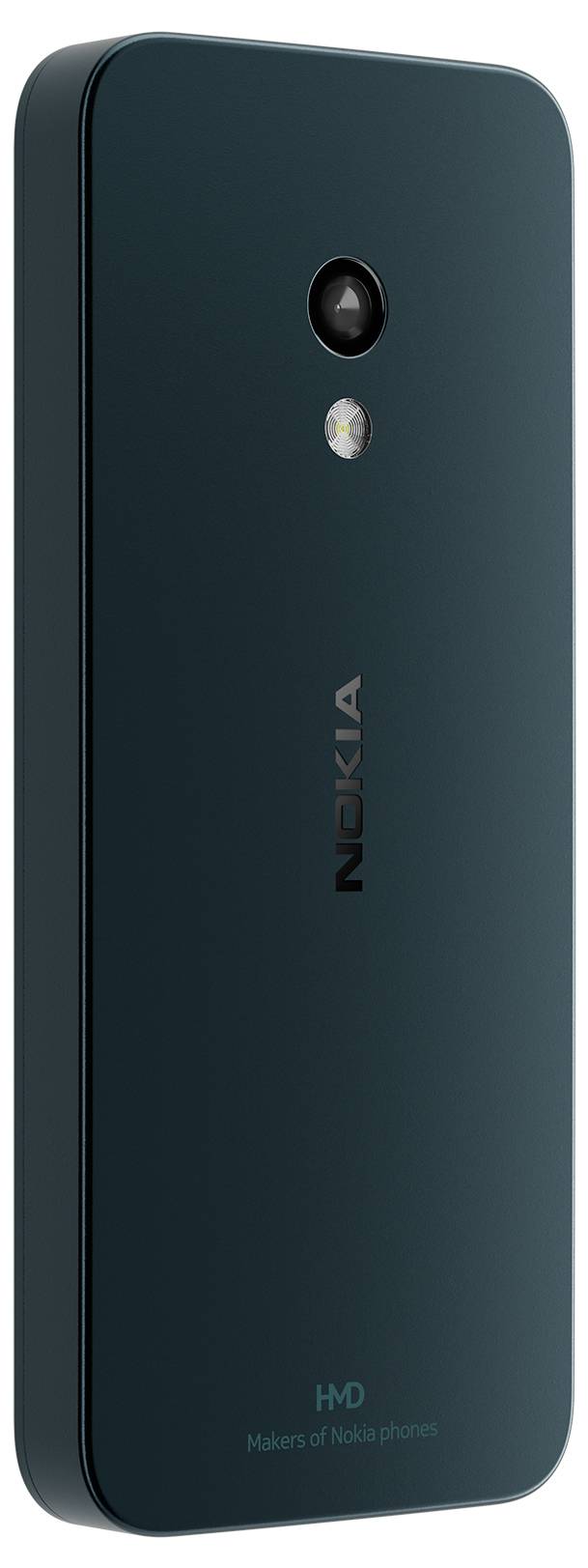 Back of a black smartphone with camera and flash positioned in the centre. The Nokia logo is vertically placed beneath the lens.