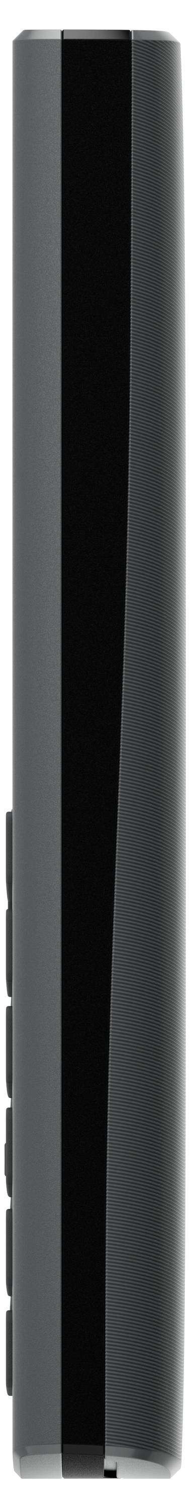 Side view of a sleek, black electronic device; possibly a remote control or similar device.