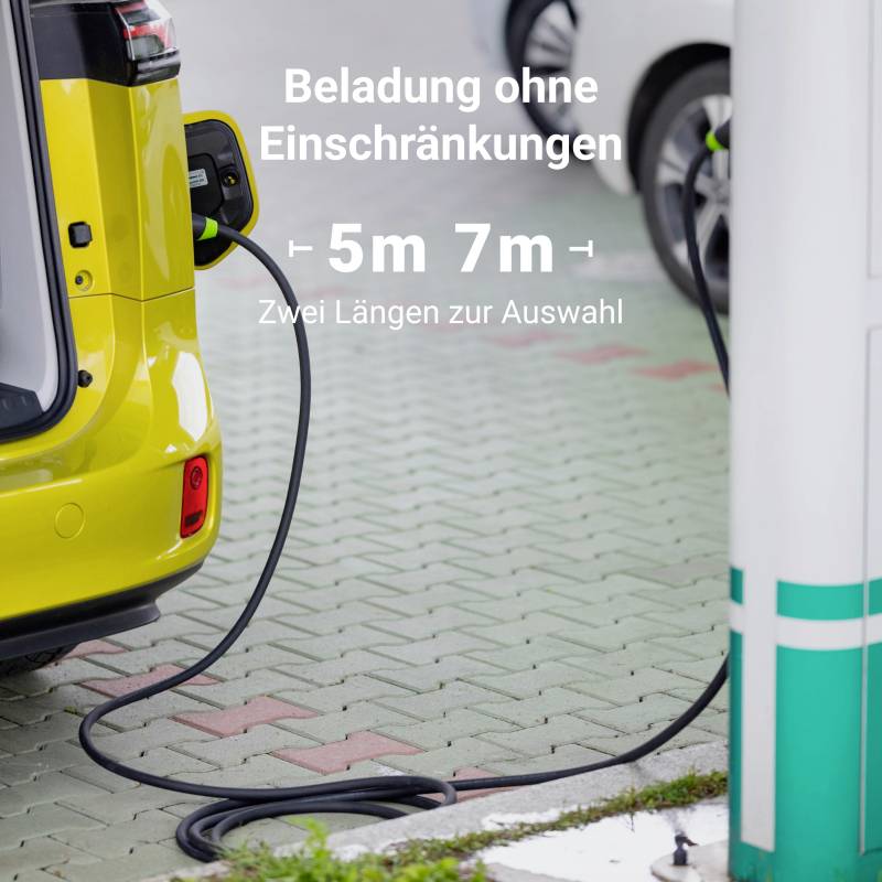 A yellow electric car is charging at a charging station. Text: 'Loading without restrictions. Two lengths available: 5m, 7m'.