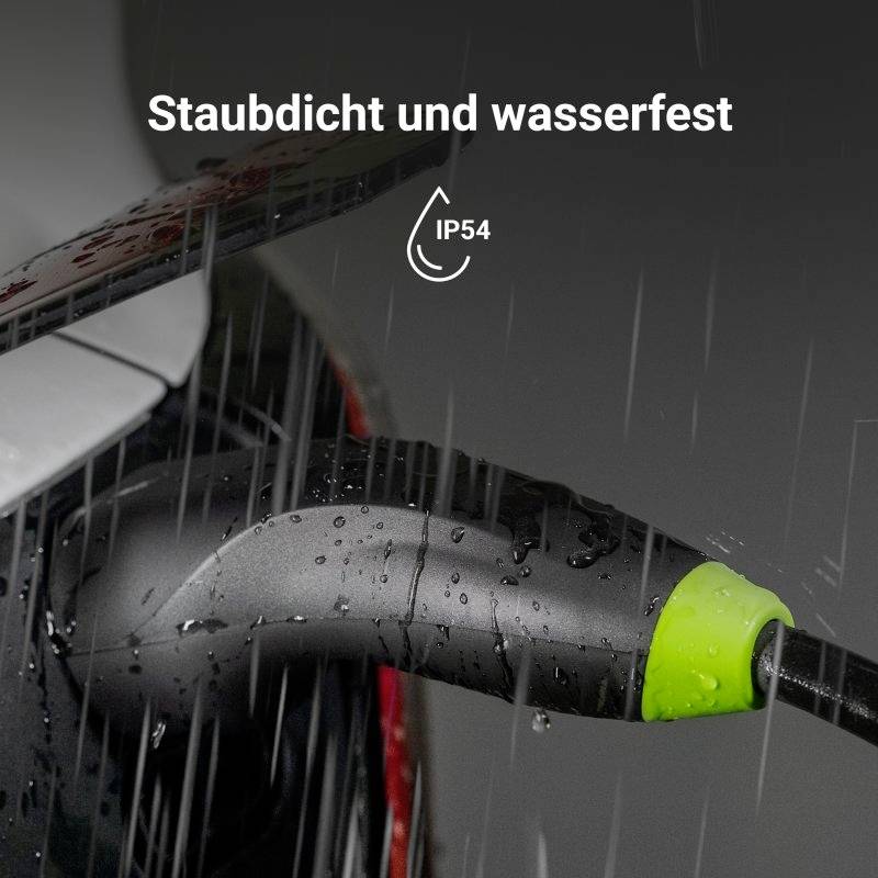 A charging cable in the rain with the label 'Dust-tight and waterproof IP54', demonstrates its weather resistance.
