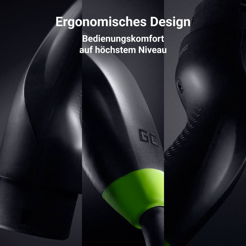 An ergonomically designed black handle with a green accent, promoted with the text 'Ergonomic Design: Operational Comfort at the Highest Level'.