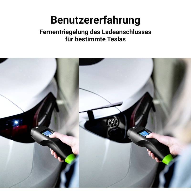 'User Experience: Remote Unlocking of Charging Port for Certain Teslas.' Image shows hand with remote control in front of Tesla charging port.