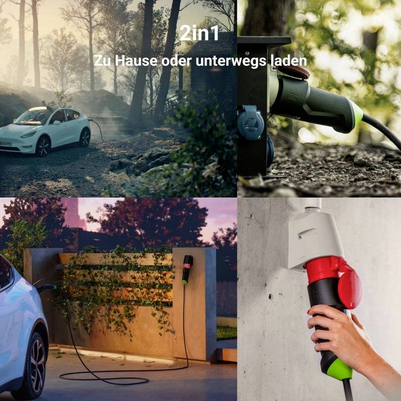 'Electric car charging outdoors at a charging point. Above: Close-up of a charging plug. Below: Charging process at a concrete wall, hand holding the plug.'