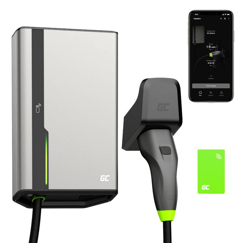 Electric vehicle charging point with charging cable, RFID card and smartphone app for charge monitoring.