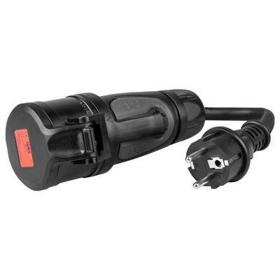 Black power adapter with plug and socket. The adapter has a red label. Suitable for three-contact connections.