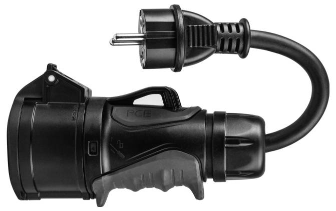 Black adaptor plug with ergonomic handle and robust cable. Connects industrial power sockets with standard plugs.