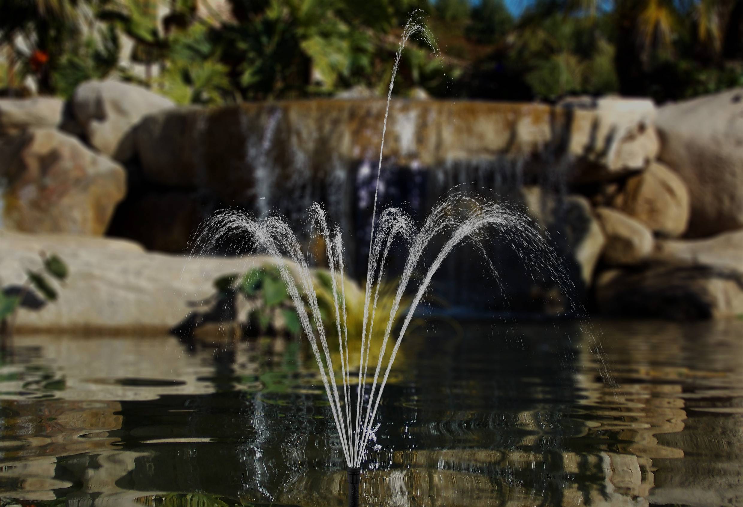 A fountain in a pond with a slightly blurred background of rocks and plants. Water jets form a fan-like pattern.