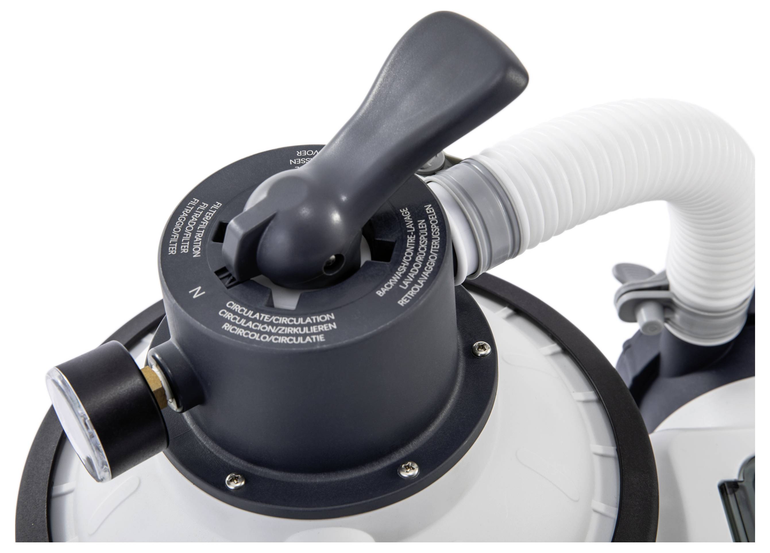 Pool filter valve with a handle for controlling different modes, pressure gauge on the side.