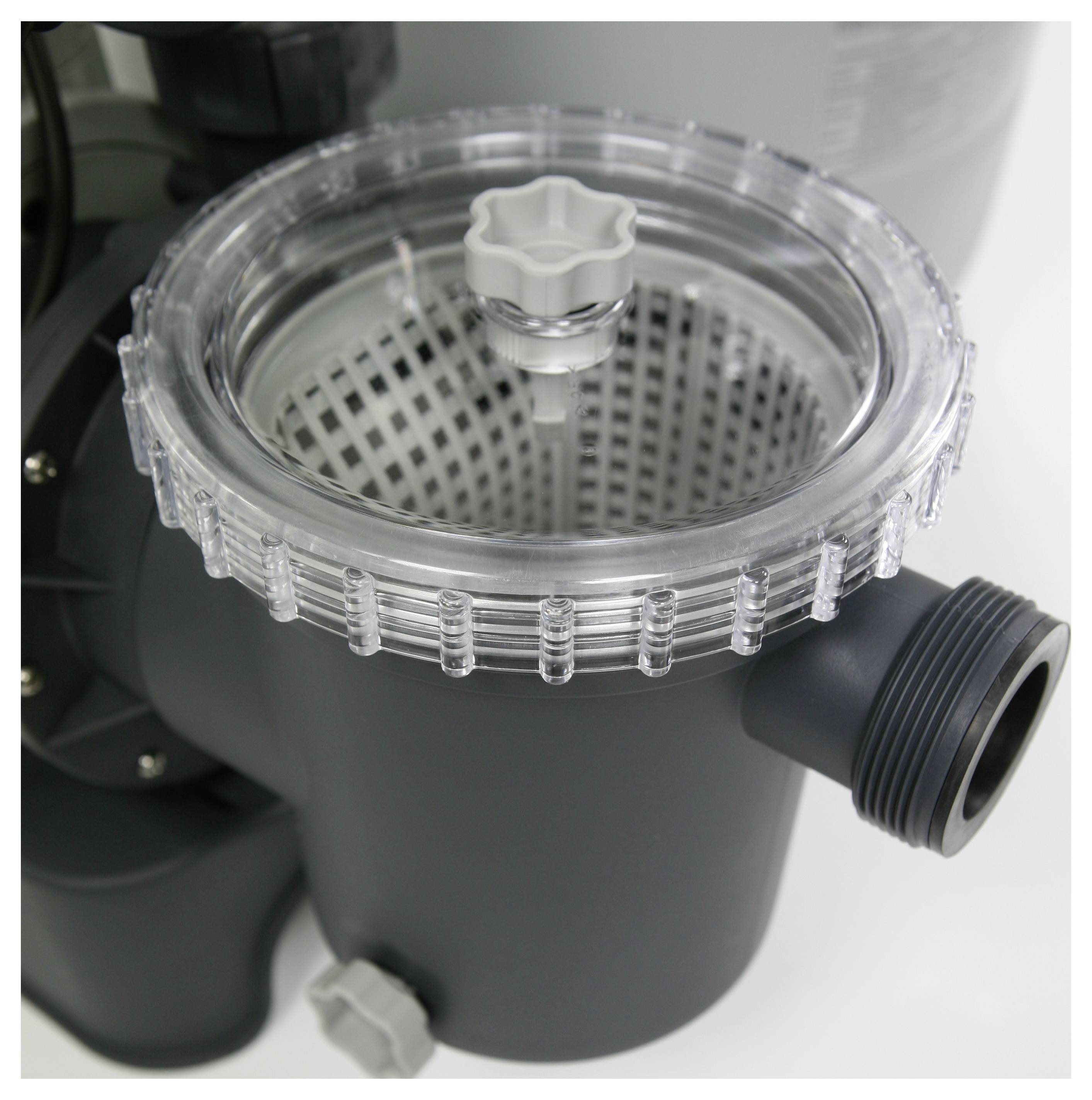 A grey pool pump with a transparent lid and an integrated sieve for coarse debris filtration.