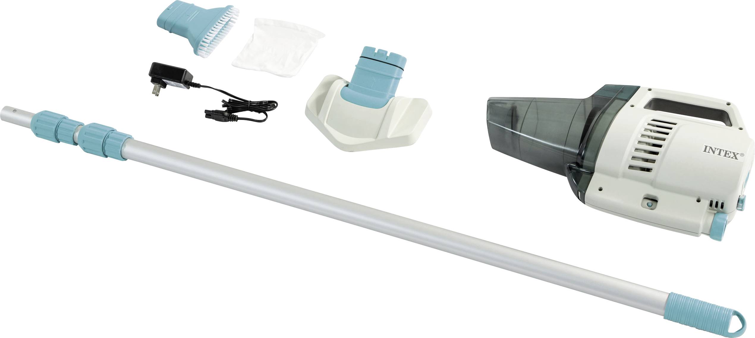 Pool cleaner set with white and turquoise handheld vacuum, telescopic pole, charger and accessories.