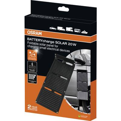 'OSRAM BATTERYcharge SOLAR 20W' foldable solar panel for charging small electronic devices. Packaging shows application on car window.
