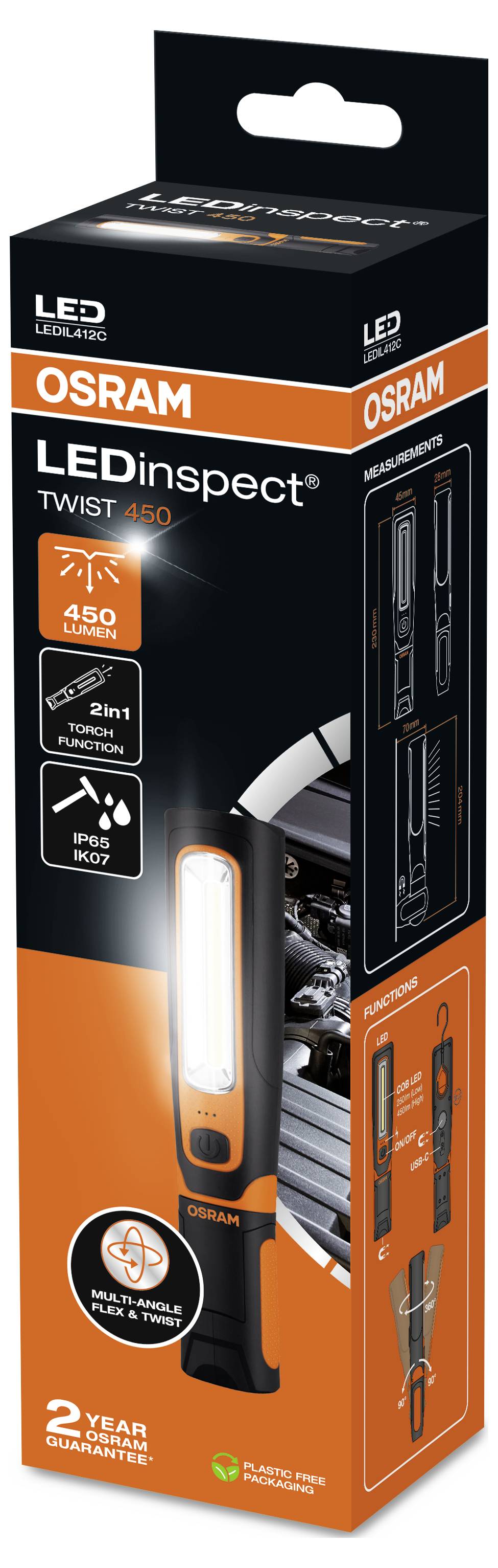 Packaging for an LED work light 'LEDinspect TWIST 450' by OSRAM with 450 lumens. Suitable for workshop tasks. Two-year warranty.