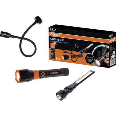 'OSRAM LEDinspect 3-in-1 Inspection Light Set', comprising a torch, flexible lamp, and stick lamp in packaging, for automotive inspections.