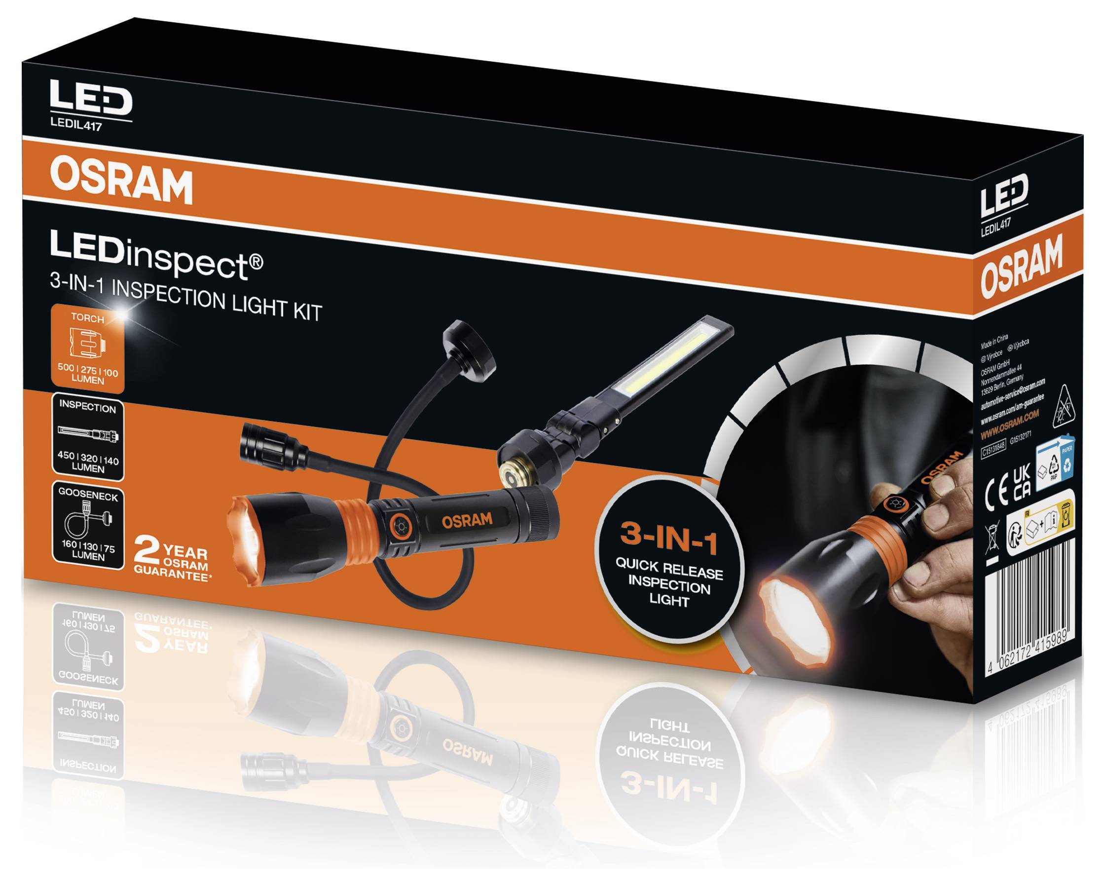 Packaging for an OSRAM LED inspection light set with three functions and 2 years' warranty. Includes a detachable design.