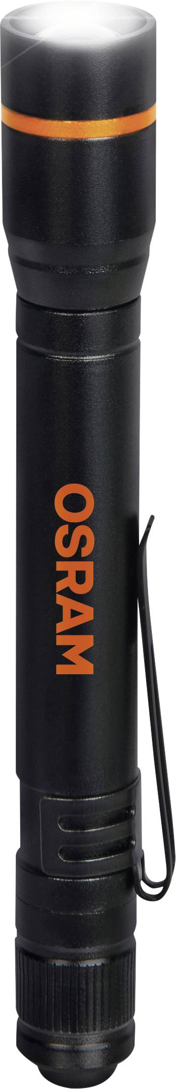 Black OSRAM torch with orange lettering, vertical clip on the side, suitable for use in darkness.