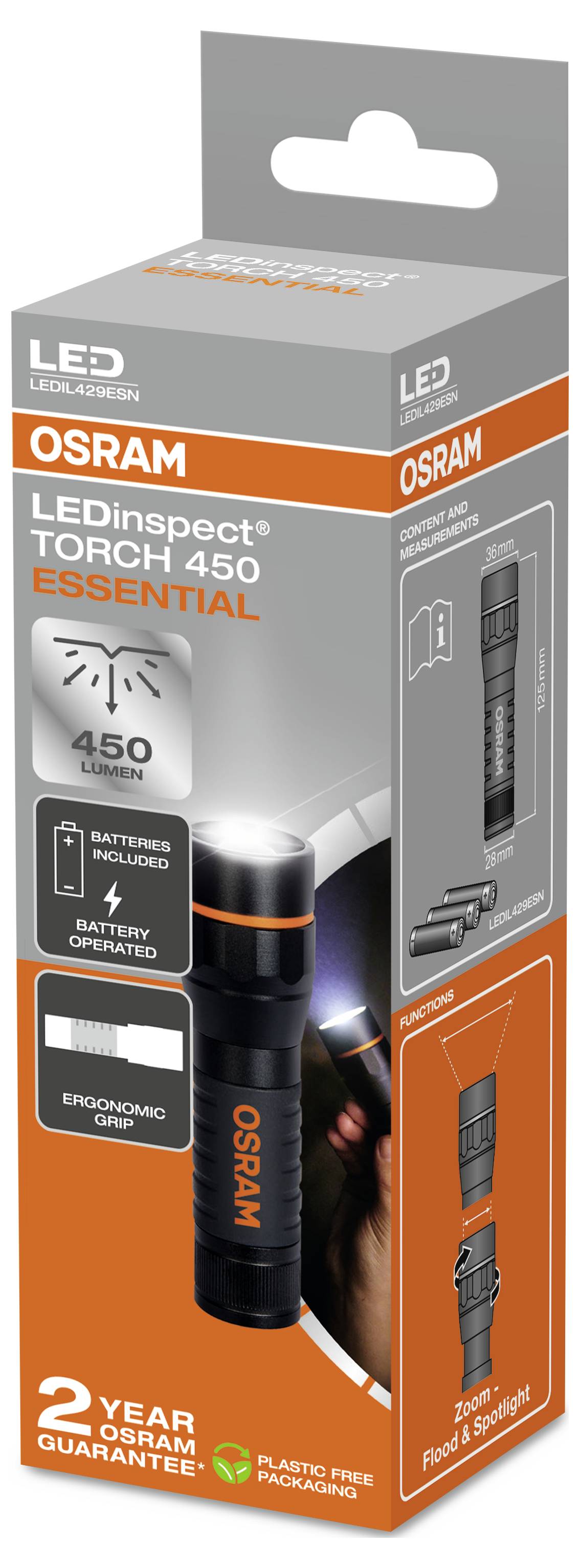 Packaging for an OSRAM LED Torch 'LEDinspect TORCH 450 ESSENTIAL' with 450 lumens, including batteries, 2-year warranty.