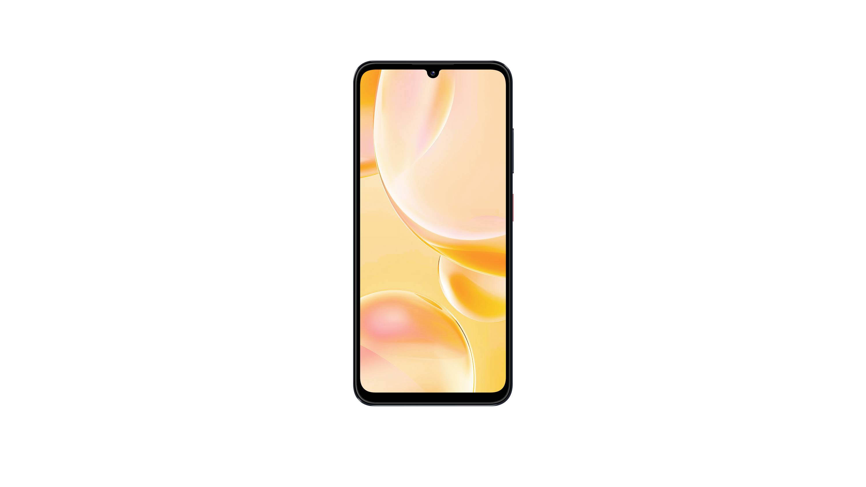 Smartphone with a black frame, display showing abstract yellow and pink shapes.