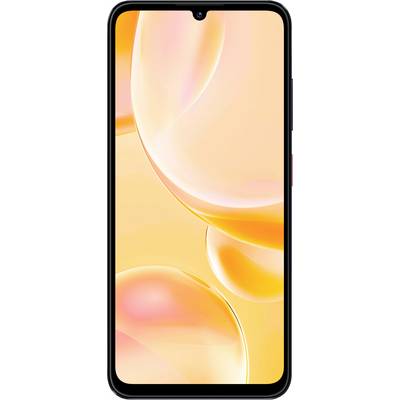 Smartphone with an orange display background, rounded corners, front camera in the upper screen area.