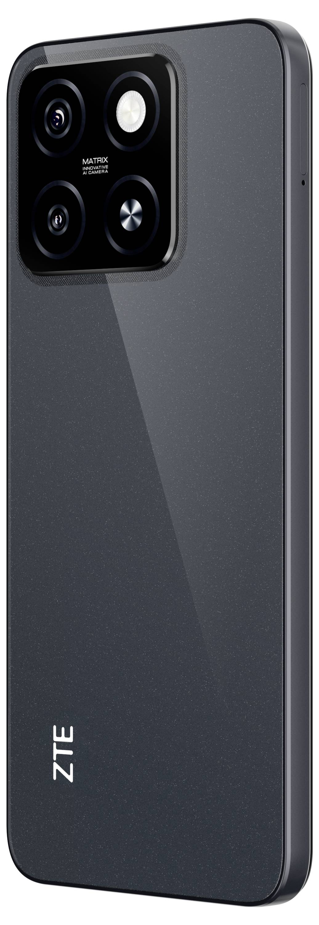Smartphone by ZTE with a black casing and a four-lens camera on the back.