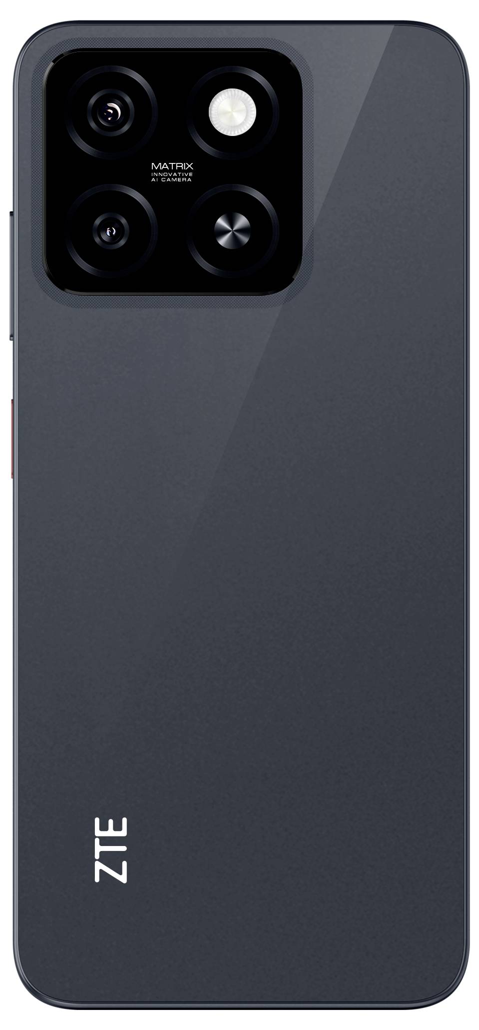 Black smartphone by ZTE with three camera lenses on the back, marked with 'Matrix AI Vision'.