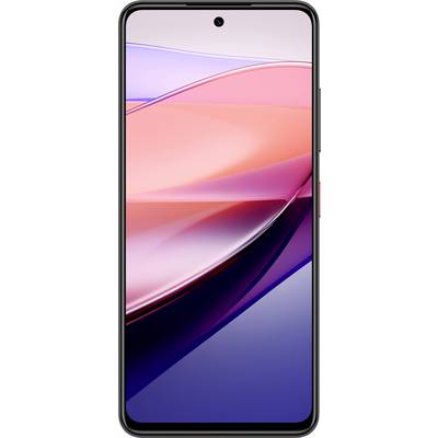 A smartphone with a colourful screen displaying an abstract blend of pink and blue wave patterns. The front-facing camera is located centrally at the top.