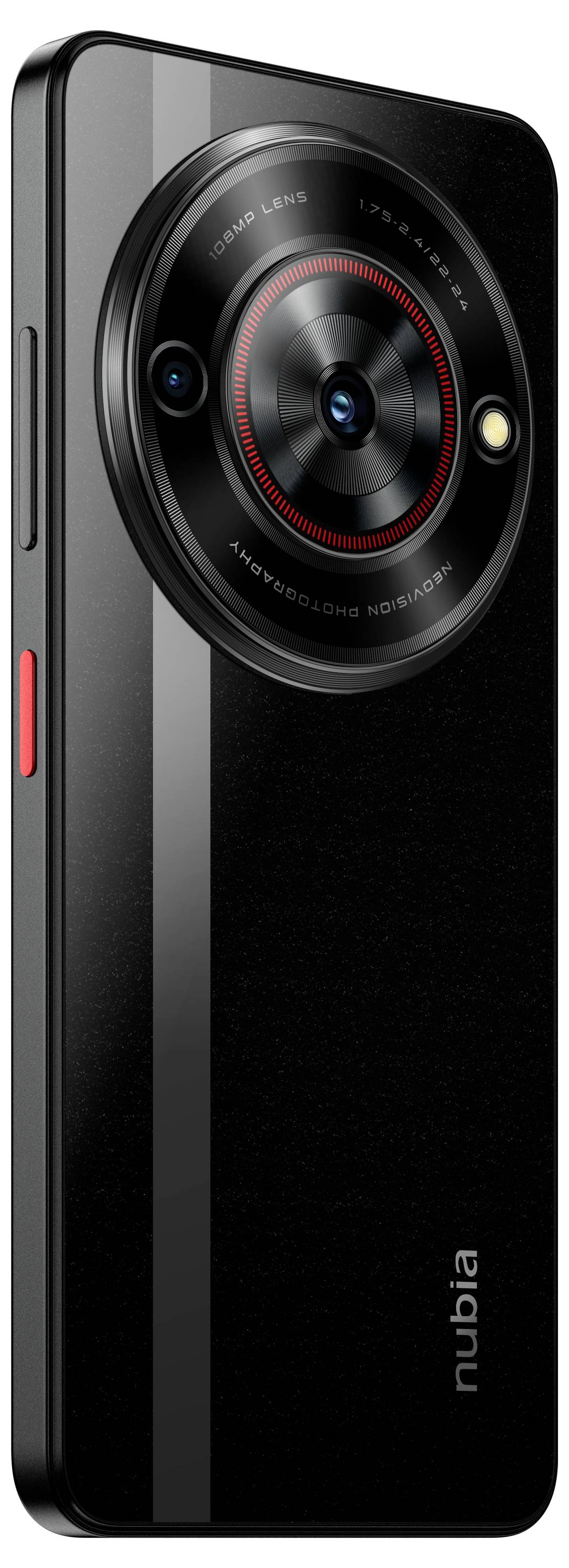 A black smartphone with a large camera module on the back and the 'nubia' logo.
