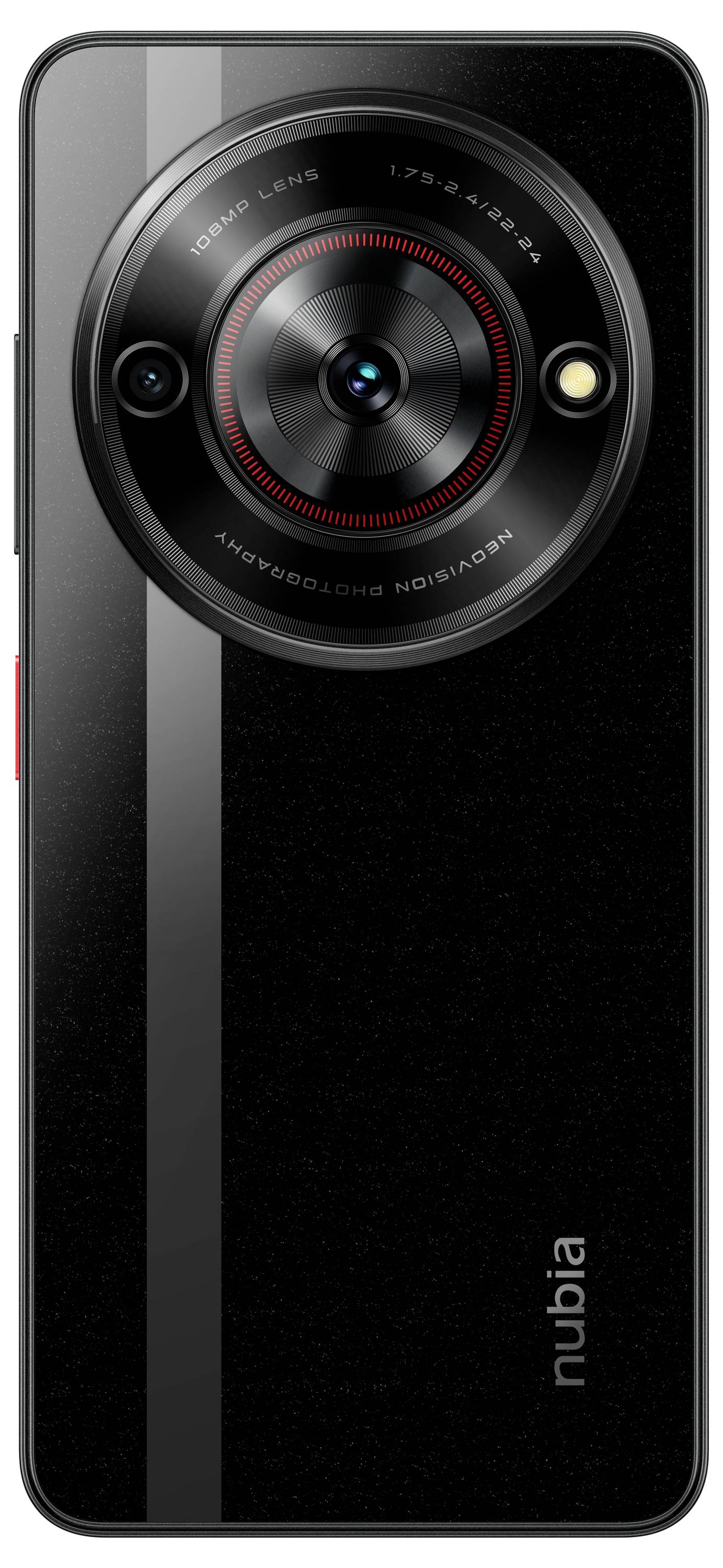 Smartphone back panel with a large camera module in the centre, featuring a glossy black surface and the brand name 'nubia' positioned bottom right.