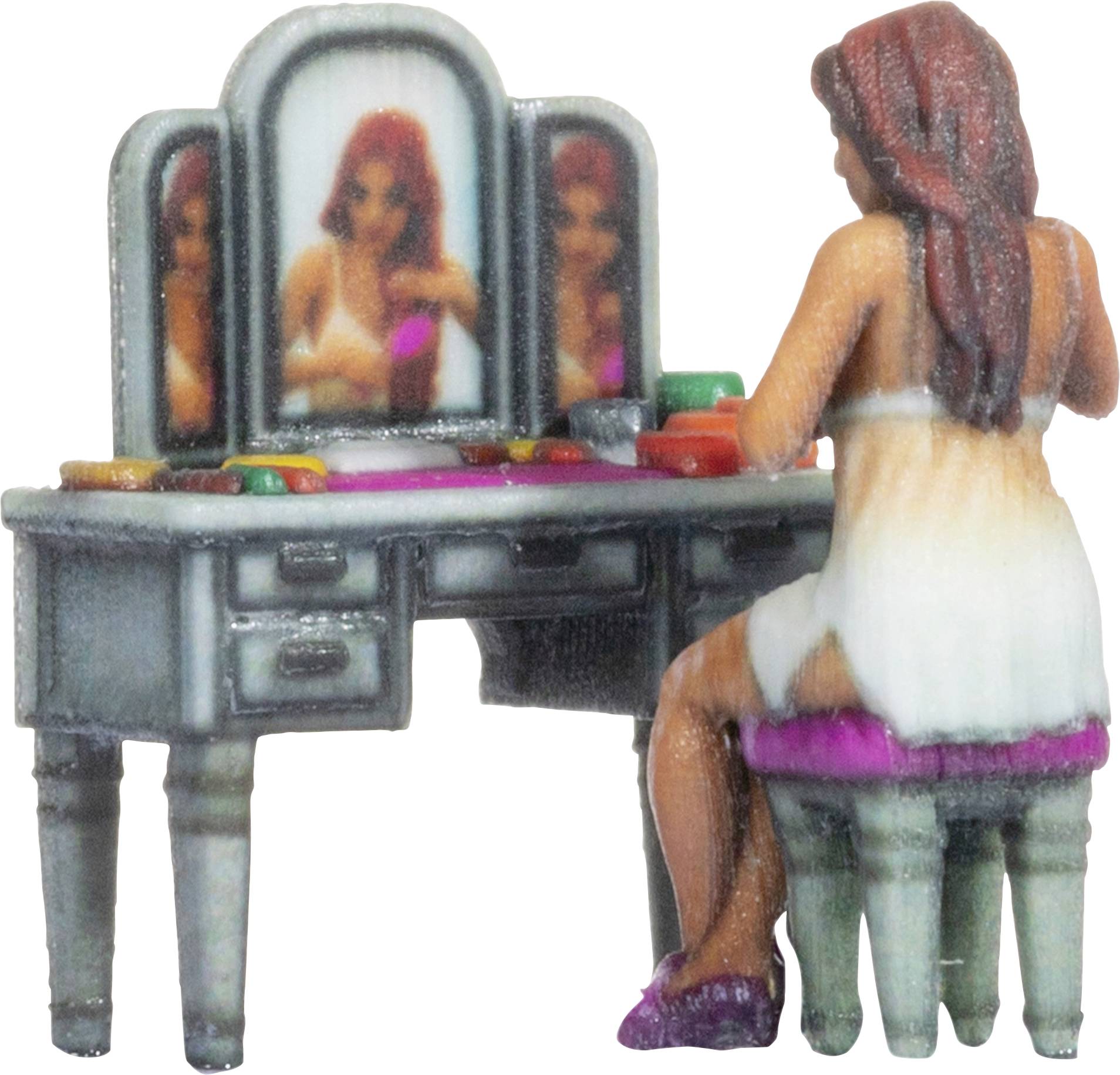 A woman in a white dress is sitting at a dressing table with a mirror, with several cosmetic products scattered across the table.
