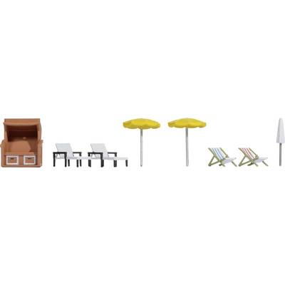 Beach accessories: A beach chair, two white loungers with black edges, two yellow parasols, two colourful folding chairs, and a parasol stand.