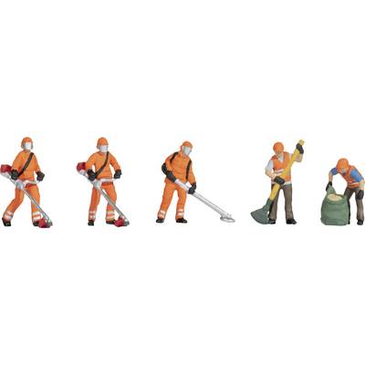 'Workers in orange protective clothing are cleaning the floor using various tools, including broom, shovel and vacuum cleaner.'
