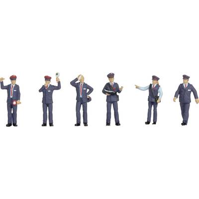 Six figures in railway staff uniforms, each with a different hand posture and accessories, such as cap, folder and flag.