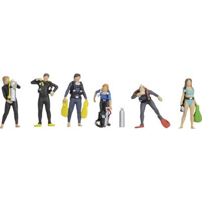 Six miniature figures in diving equipment, in various poses and outfits, with yellow and green oxygen tanks.