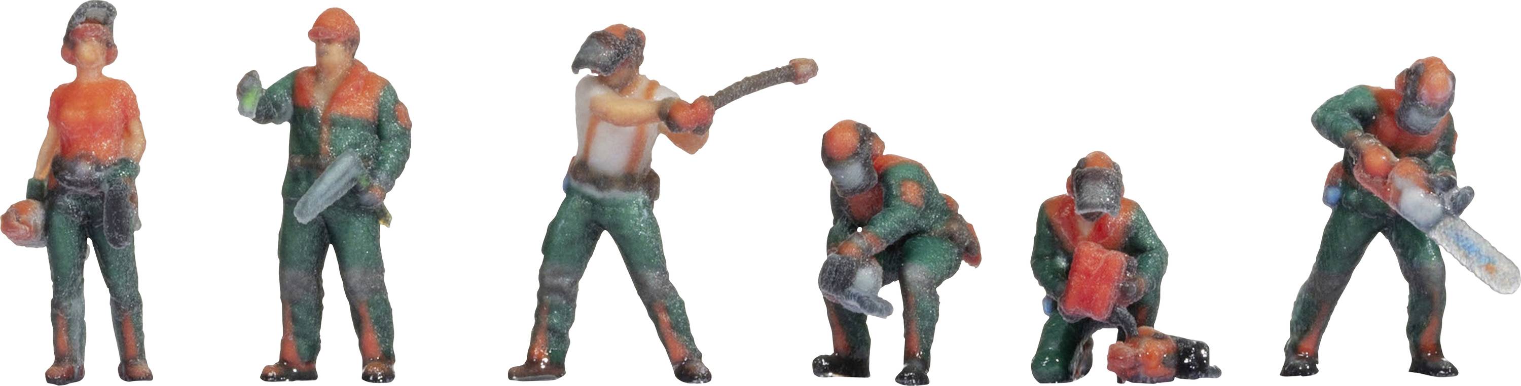 Six miniature figures in work attire and safety helmets depict various positions and actions in forestry work.