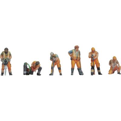 Six miniature figurines in orange workwear carrying out various construction tasks, such as drilling, hammering, and carrying tools.