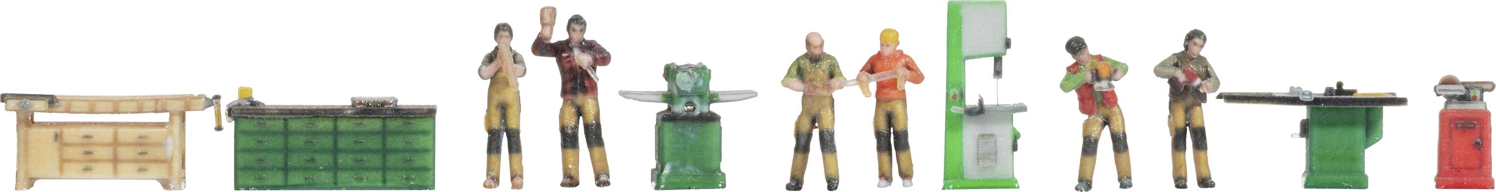 Several miniature figures are working at various workbenches and machines in a workshop.