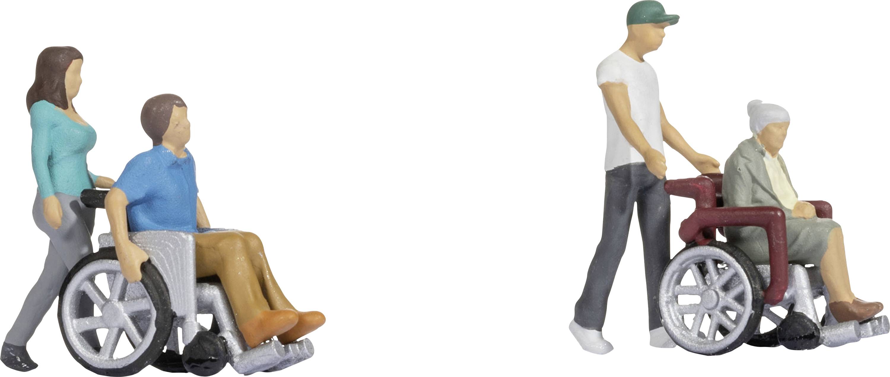 Two miniature figures: On the left, a woman pushing a man in a wheelchair. On the right, a man pushing an elderly woman in a wheelchair.
