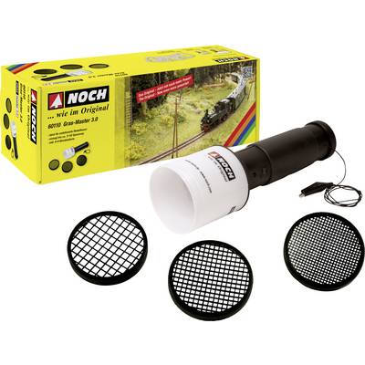 Model Railway Grass Master Set, comprising a device, three different sieves, and packaging featuring a train motif.