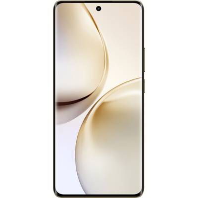 A smartphone with a bezel-less display and a centrally positioned front camera. The back shows two shimmering, abstract shapes.