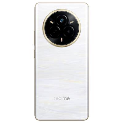 A smartphone with a white, smooth casing, with a circular camera arrangement at the top. The brand lettering 'realme' is located at the bottom of the back panel.