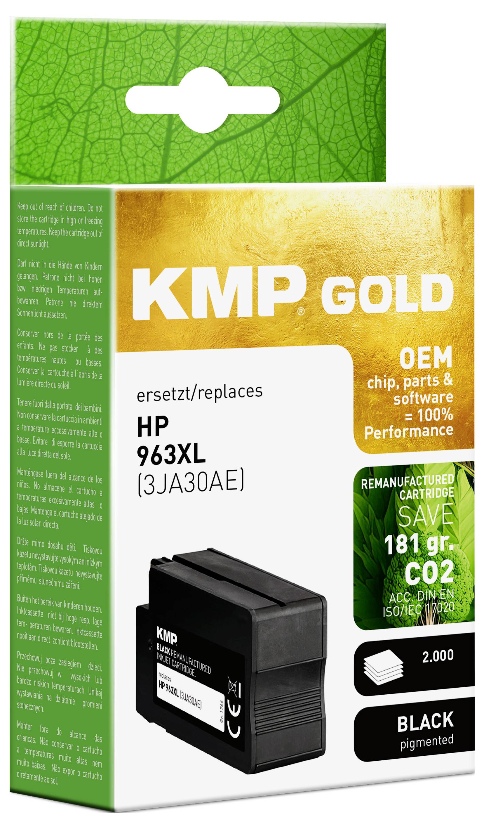 Packaging for KMP Gold remanufactured HP 963XL black ink cartridge. Highlights OEM quality and environmental benefits of saving 181g CO2.