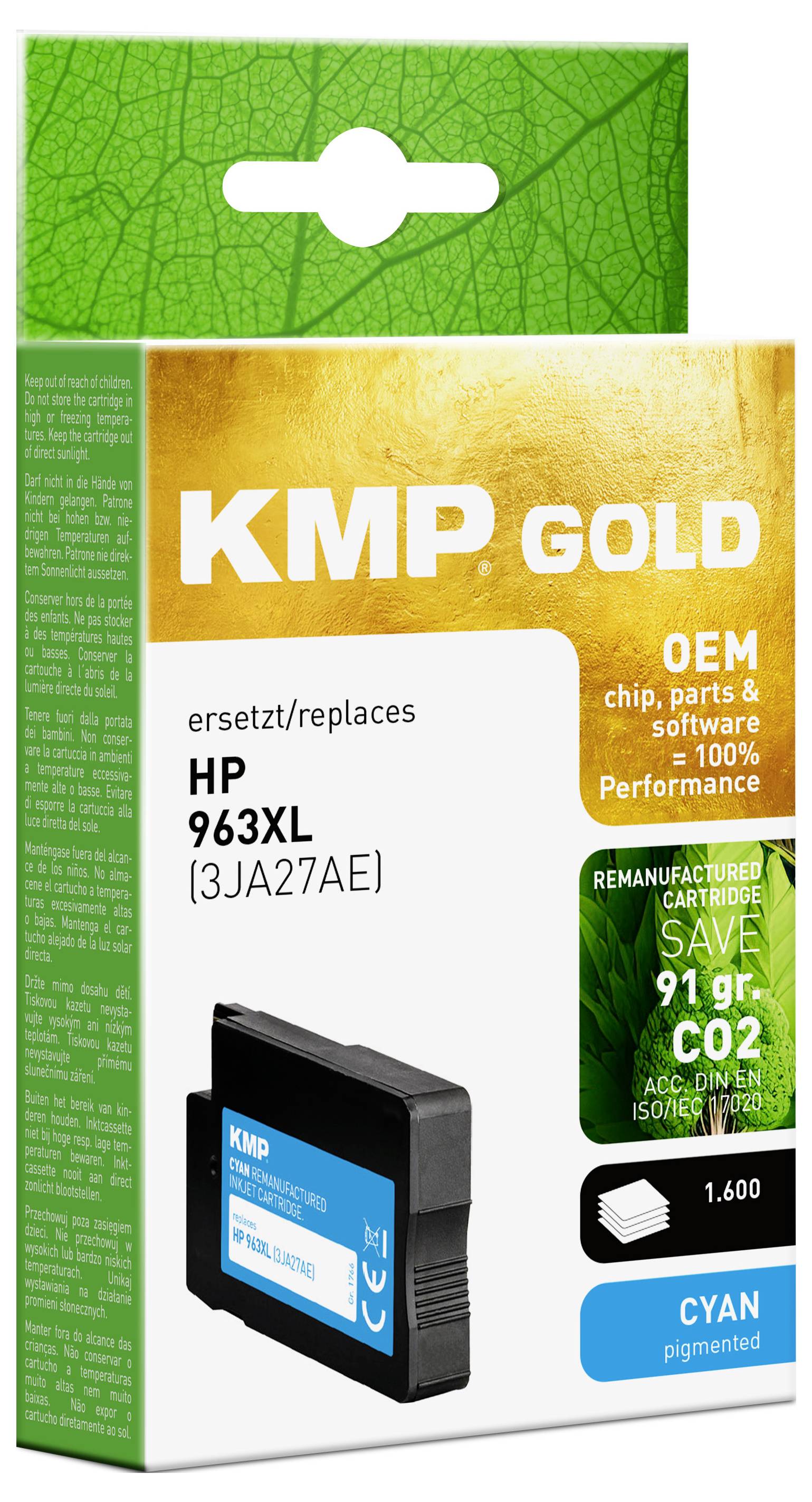 Box of KMP Gold Cyan ink cartridge, model 963XL (3JA27AE), with 'OEM performance' highlighted, stating CO2 savings and page yield.