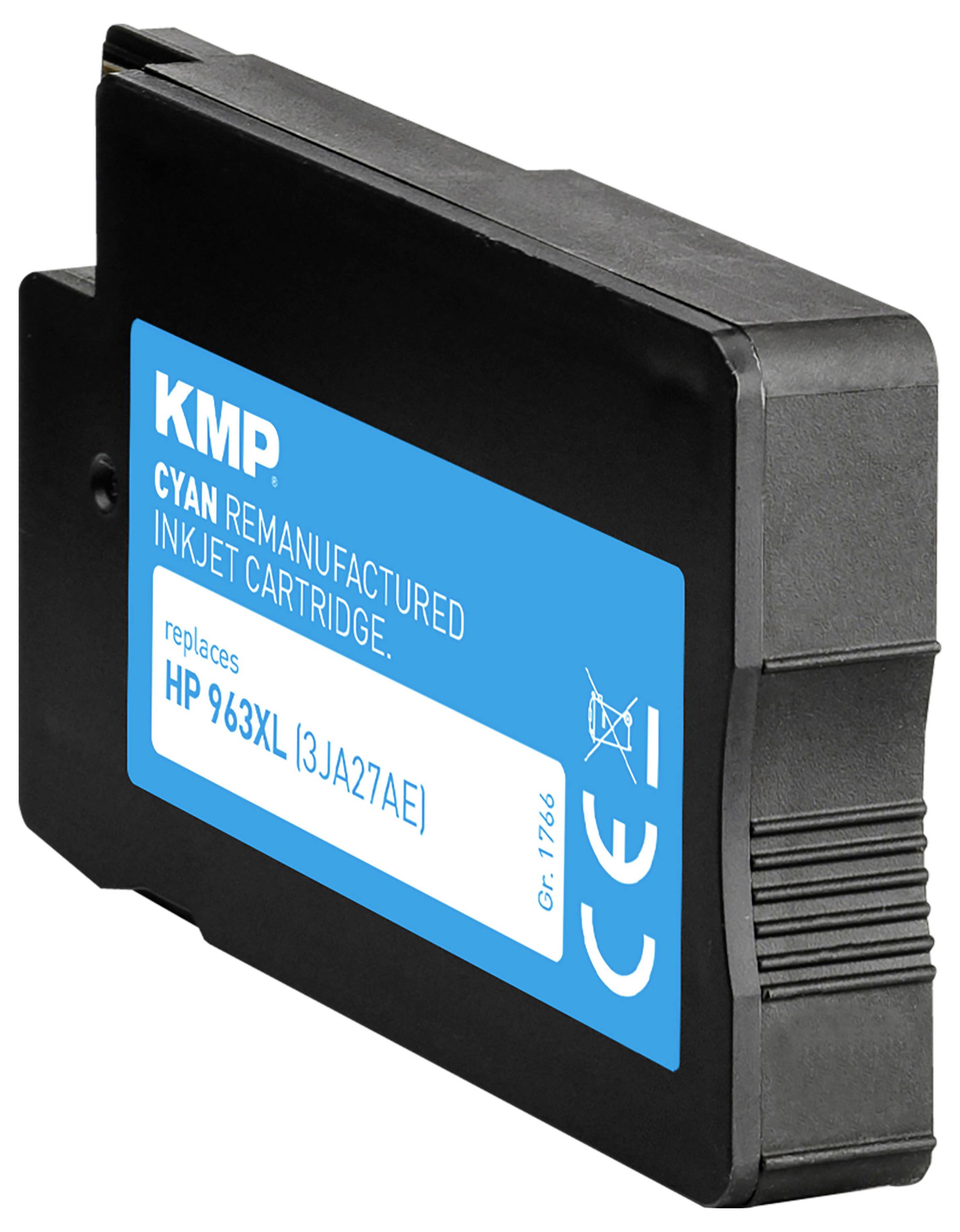 Cyan inkjet cartridge with label 'KMP Remanufactured Inkjets', replaces 'HP 963XL', compatible with specific printer models.