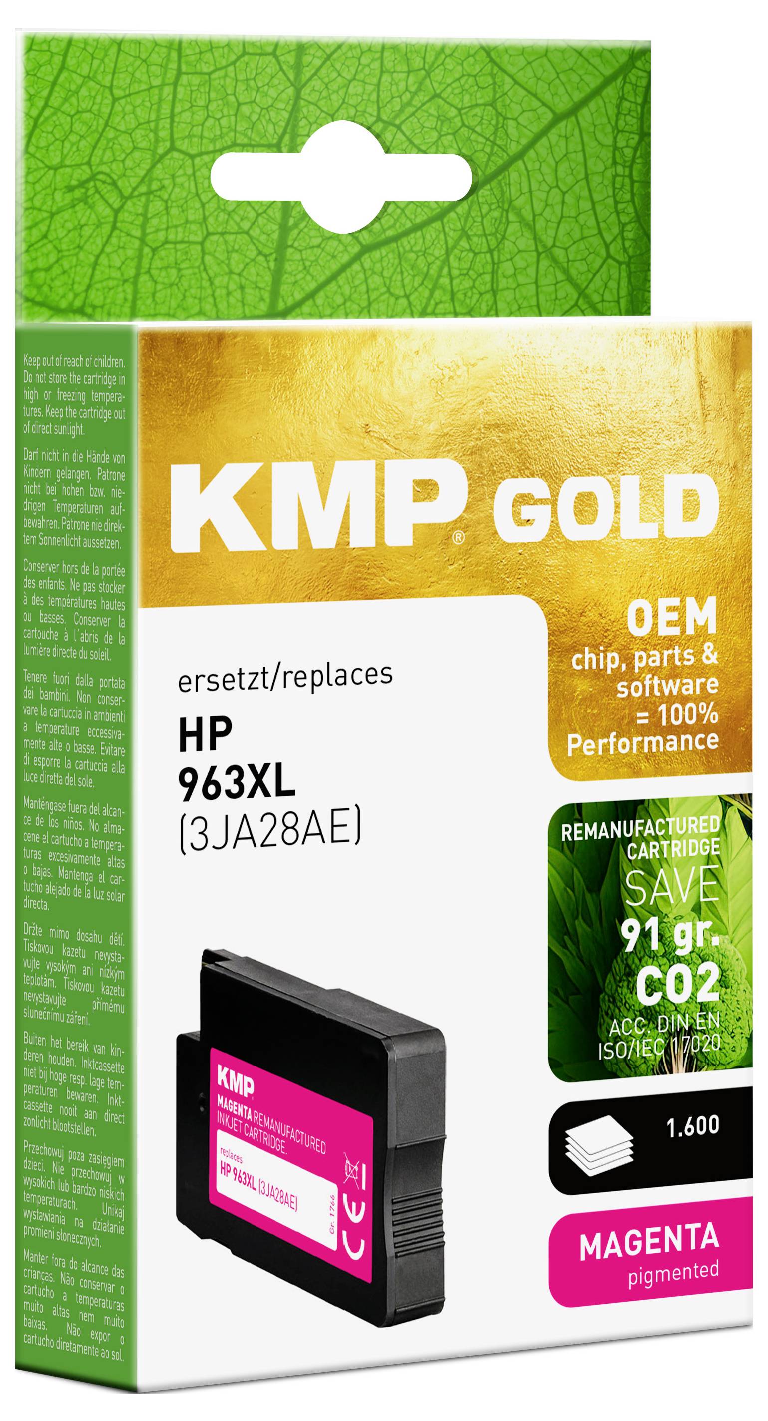 'KMP Gold remanufactured HP 963XL magenta ink cartridge, replacing (3JA28AE). Saves 91g CO2. Capacity: 1,600 pages. OEM chip, parts, software.'