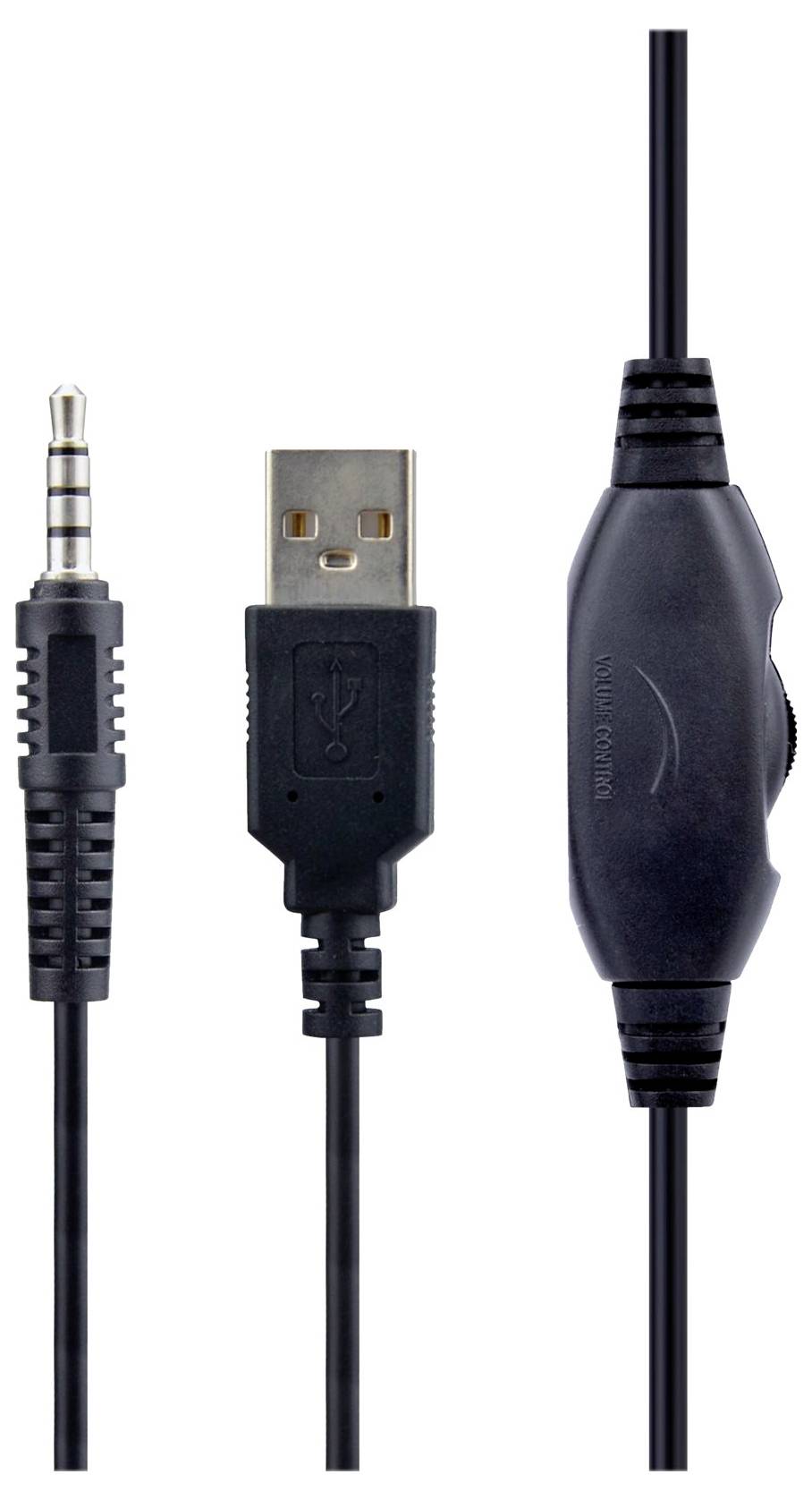 Illustration of an audio cable with a USB connector, a 3.5 mm jack plug, and a volume control in the centre.