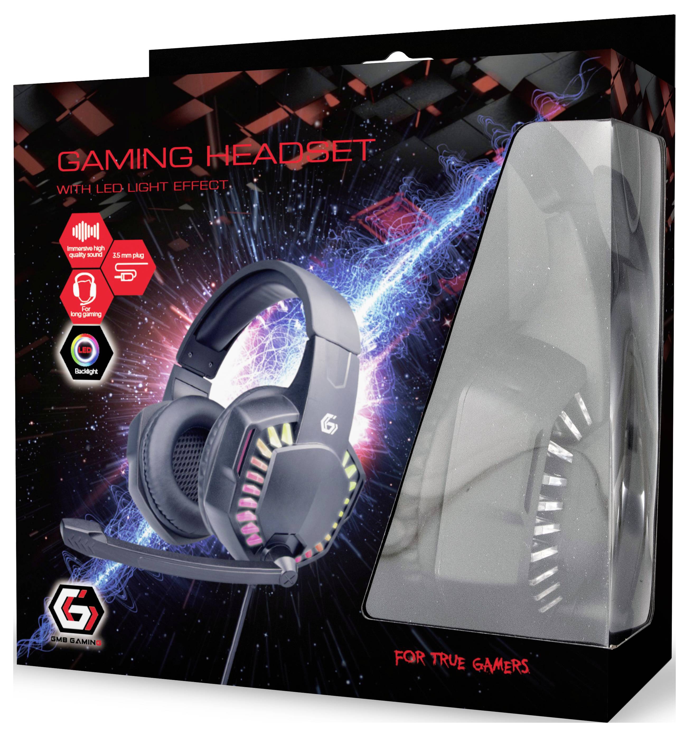 Gaming Headset Packaging with LED Light Effect, Microphone and Over-Ear Design. Text 'For True Gamers'. Design in Black and Red.